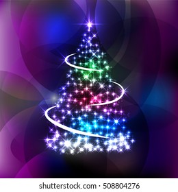 Digital Shiny Christmas Tree Composed of Sparkled Lights on Purple Background. Vector Illustration