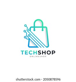 Digital Shop Symbol. Shopping Hand Bag with Electronic Computer Chip Design Template Element