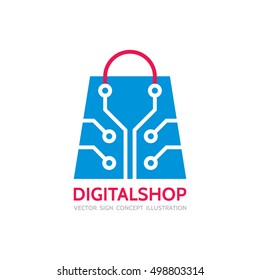Digital shop - vector logo template concept illustration. Shopping hand bag with electronic computer chip creative sign. Design element. 