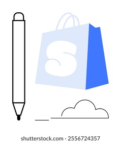 A digital shopping bag with a stylus pen and cloud graphic. Ideal for e-commerce, online shopping, technology, digital design, and creativity. Clean and modern style. Vector illustration with blue