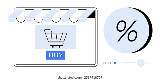 Digital shopping cart, blue buy button, striped awning above. Large percentage symbol indicating discounts, two dots and line. Ideal for e-commerce, retail, sales, promotions, online shopping