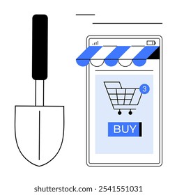 Digital shopping cart on a smartphone screen with garden trowel. Ideal for ecommerce, online shopping, gardening supplies, digital marketing, user experience. Clean and simple design