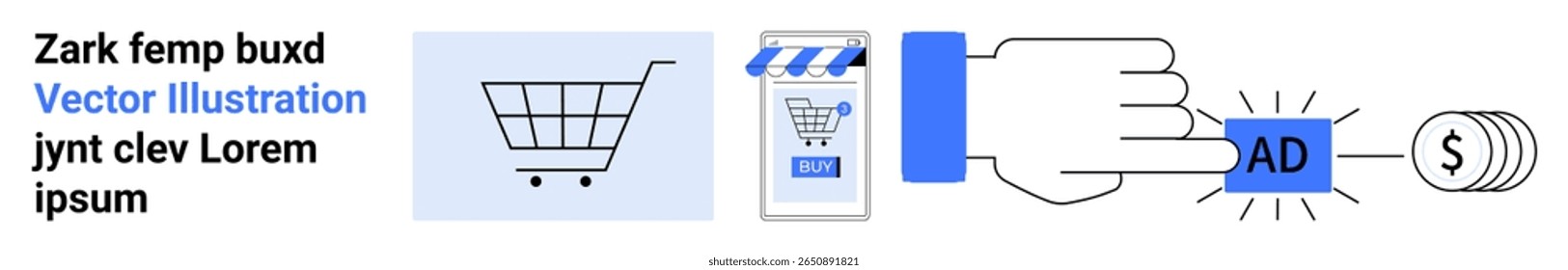Digital shopping cart, smartphone, hand clicking ad, dollar sign. Ideal for e-commerce, digital ads, PPC campaigns, online shopping, app promotions, digital marketing, financial tech. Landing page