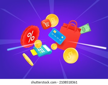 Concepto de compras digitales. 3.ª ilustración vectorial

