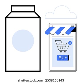 Concepto de compra digital con un cartón de leche junto a un dispositivo móvil que muestra un ícono de Carrito de compras, Botón de compra e ícono de nube para Elementos de transacciones en línea. Ideal para el comercio electrónico, tienda de comestibles en línea