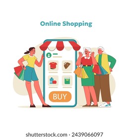 Digital shopping concept. Senior couple delighted by convenience of online shopping. Transitioning to e-commerce with ease. Teaching elder parents to buy products via internet. Vector illustration