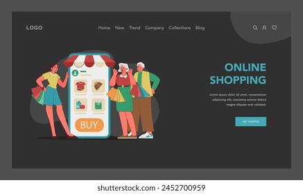 Digital shopping concept. Senior couple delighted by convenience of online shopping. Transitioning to e-commerce with ease. Teaching elder parents to buy products via internet. Vector illustration