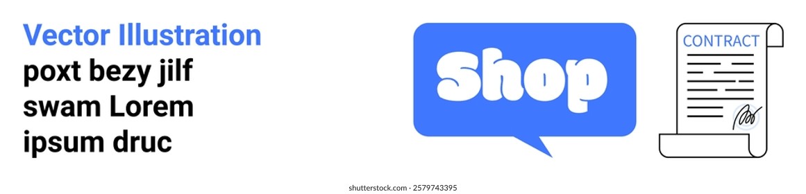 Digital shopping concept with a Shop speech bubble and a contract scroll. Ideal for e-commerce, online contracts, digital signatures, business agreements, and virtual shopping platforms. Banner