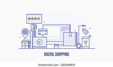 Digital Shopping, Customer Shopping experience, Online Payment flat line vector illustration with icons