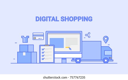 Digital shopping, E-commerce marketing, Online store and delivery flat vector concept with icons isolated on light background