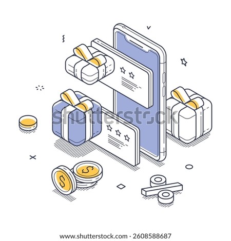 Digital shopping experience, highlighting gift cards, rewards, and coins that symbolize transactions. Modern isometric line vector illustration