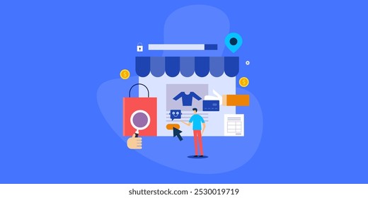 Compras digitais integradas à tecnologia de IA, inteligência artificial sugerindo produtos para os clientes, vendas orientadas por IA e marketing para eCommerce - ilustração vetorial com ícones