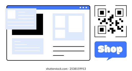 Digital shopping interface with a QR code, a web page layout, and a chat bubble. Ideal for e-commerce, online stores, web development, user experience design, digital marketing. Clean line style