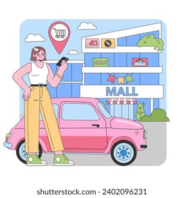 Digital Shopping at the Mall. A modern woman uses her smartphone outside a colorful mall, with sales and offers showcased. Nearby car, locator icon, and cheerful ambiance. Flat vector illustration