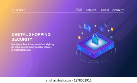 Digital Shopping, Security, Secure Shopping, Payment Gateway, Credit Card Information Safety Flat 3D Isometric Banner