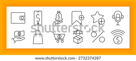 Digital shopping set icon. Wallet, phone, coin bag, bookmark, star, headset, cash, cart, umbrella, box, percentage, wireless signal shown in outline.