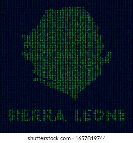 Digital Sierra Leone logo. Country symbol in hacker style. Binary code map of Sierra Leone with country name. Modern vector illustration.