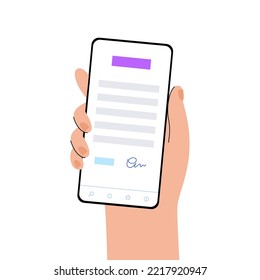 Digital sign procedure concept. Signing document online on smartphone. Electronic technology in business, financial and law. Hand with mobile phone with text and big button flat vector illustration.