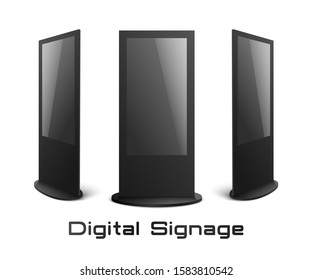 Digital signage - black interactive kiosk mockup set with blank screens isolated on white background. Modern advertising display collection from front and side view, vector illustration