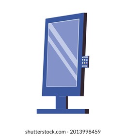 Digital signage half side view or showcasing information and payments electronic display stand, flat vector illustration isolated on white background.