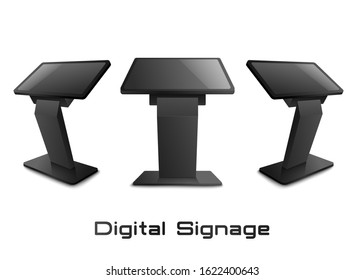 Digital signage stand or advertising display terminal in various views set, 3d realistic mockup or template vector illustration isolated on white background.