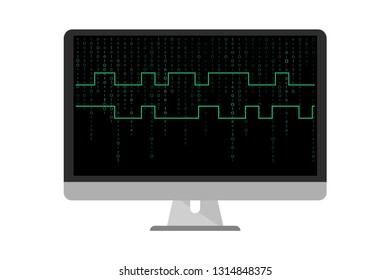 Digital signal with green binary code background on monitor. 