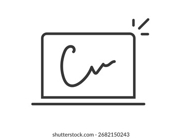 ícone de serviço de acordo de assinatura digital linha simples traço esboço arte vetor ilustração, documentos eletrônicos virtuais web assinatura de contrato símbolo fino linear pictograma técnico