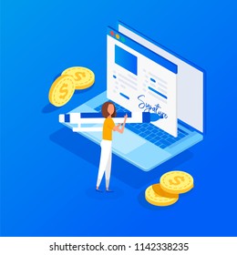 Digital signature, bill. Business Woman puts signature. Flat 3d web isometric contract signature infographic concept vector