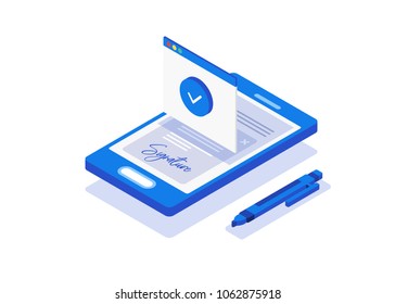Digital signature, bill. Flat 3d web isometric contract signature infographic concept vector