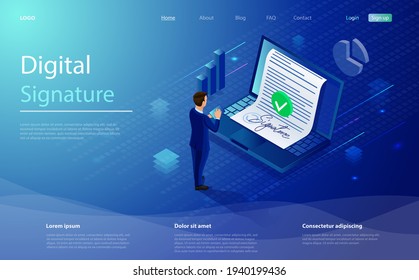 Digital signature, businessman sign on smartphone. Smart contract concept. Isometric electronic signature concept. Businessman putting electronic signature on document. E-sign consent agreement