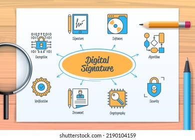 Digital signature chart with icons and keywords. Cryptography, signature, security, algorithm, verification, encryption, document, software icons. Web vector infographic in minimal flat line style