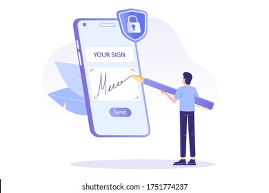 Digital signature concept. Business man signing on smartphone screen. Signing of contract on digital. E-signature. Business or electronic contract. Isolated modern vector illustration for web, poster