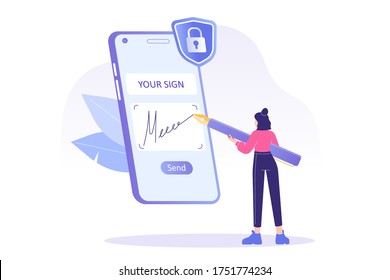 Digital signature concept. Business woman signing on smartphone screen. Signing of contract on digital. E-signature. Business or electronic contract. Isolated modern vector illustration for poster