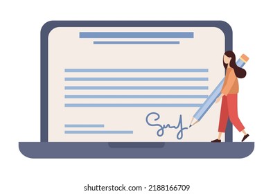 Digital signature concept. Business woman signing electronic business contract on laptop screen. Vector flat illustration 