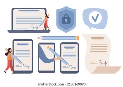 Digital signature concept. Businessmen signing electronic business contract on smartphone screen. Vector flat illustration 