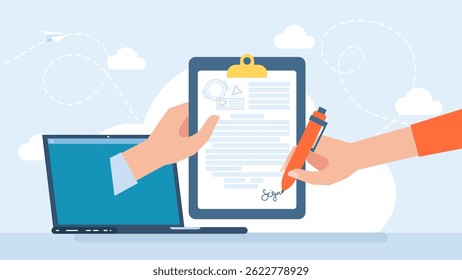 Conceito de assinatura digital. Contrato eletrônico com assinatura digital. Empresários fazem negócios on-line com assinatura eletrônica. Empresária assinando contrato eletrônico de negócios no laptop. Ilustração vetorial