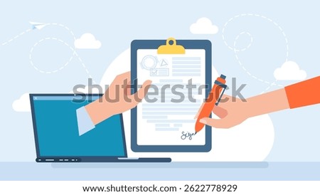 Digital signature concept. Electronic contract with digital signature. Businessmen make online deal with e-signature. Business woman signing electronic business contract on laptop. Vector illustration