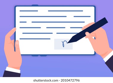Digital signature concept. Man putting esignature into legal document. Character signs the contract online. Modern technologies. Cartoon flat vector illustration isolated on a blue background