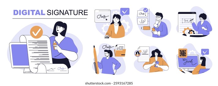 Digital signature concept set in flat web design. People in isolated scenes signing legal documents with electronic identification certificate with verification technology. Vector illustrations.