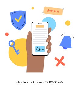 Digital signature concept. Signing document procedure online on smartphone. Electronic technology in business, financial, law. Accept terms and conditions, certificate or license vector illustration