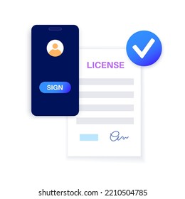 Digital signature concept. Signing document procedure online on smartphone. Electronic technology in business, financial, law. Accept terms and conditions, certificate or license vector illustration