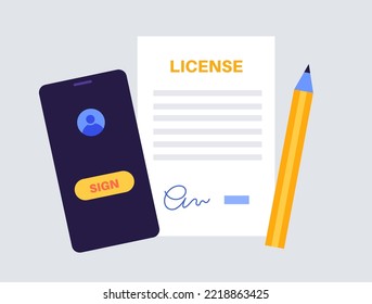 Digital signature concept. Signing document procedure online on smartphone. Electronic technology in business, financial, law. Accept terms and conditions, certificate or license vector illustration