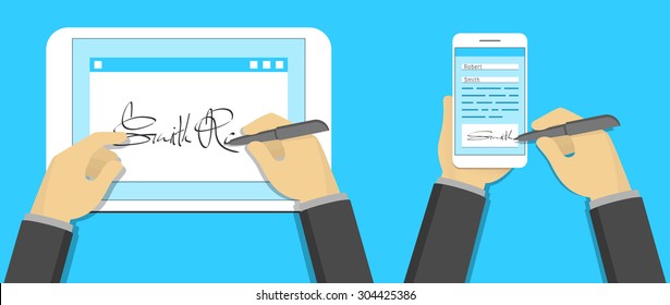 Digital Signature Concept, Signing On Tablet Pc And Smartphone