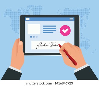 Digital signature concept with tablet and pen. Businessman Hands signing Digital signature on tablet.