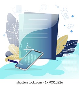 Digital signature and contract. Business deal and e-contract, business document agreement. Vector partnership with e-signature in smartphone. Illustration blockchain e-signature, checkout signature