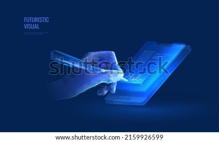Digital signature contract in futuristic style with light effect. Hand with a pen on the background of a smartphone, the concept of signing an online document in the application. Isometric vector