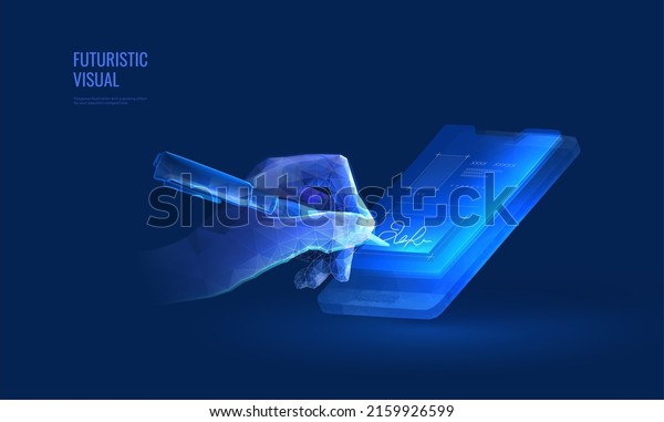 Digital signature contract in futuristic style\
with light effect. Hand with a pen on the background of a\
smartphone, the concept of signing an online document in the\
application. Isometric\
vector