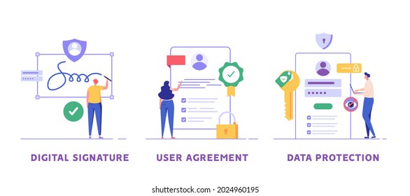 Digital signature, data protection, terms and conditions set. Businessmen signing contract with e-signature. Cyber specialist protects files with safe password. User accepts privacy policy agreement