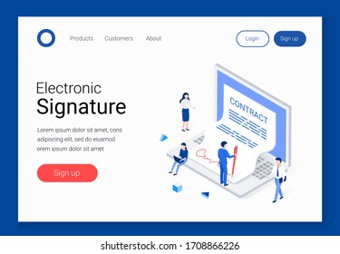 Digital signature and e-Business isometric concept. Businessman signs a contract with a digital signature on a laptop. Landing page template. Trendy 3d flat style. Vector