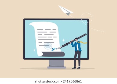 Digital signature or electronic agreement contact, online document signing, internet transaction identity, certified handwriting application concept, businessman signing digital signature on computer.